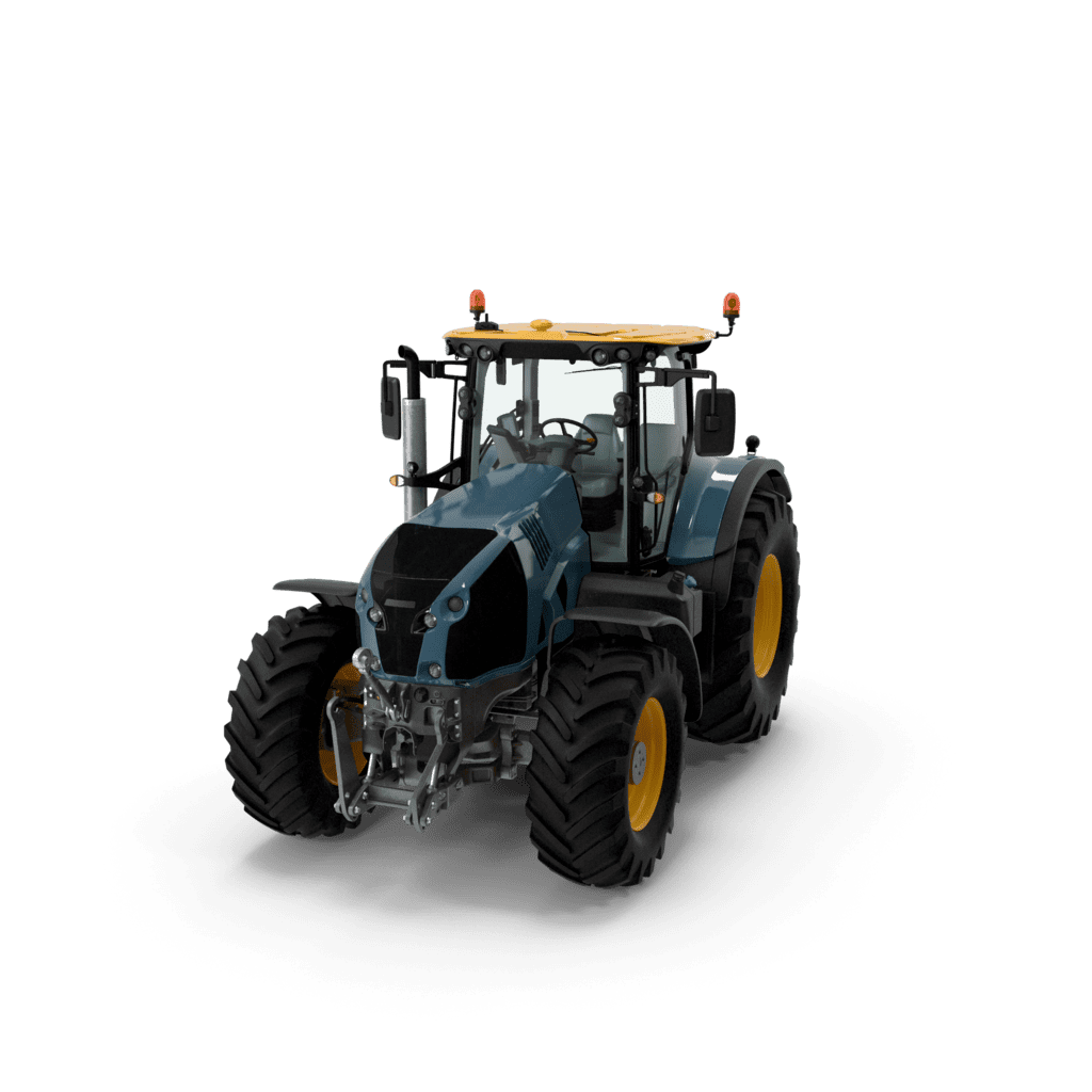 a blue tractor with yellow wheels